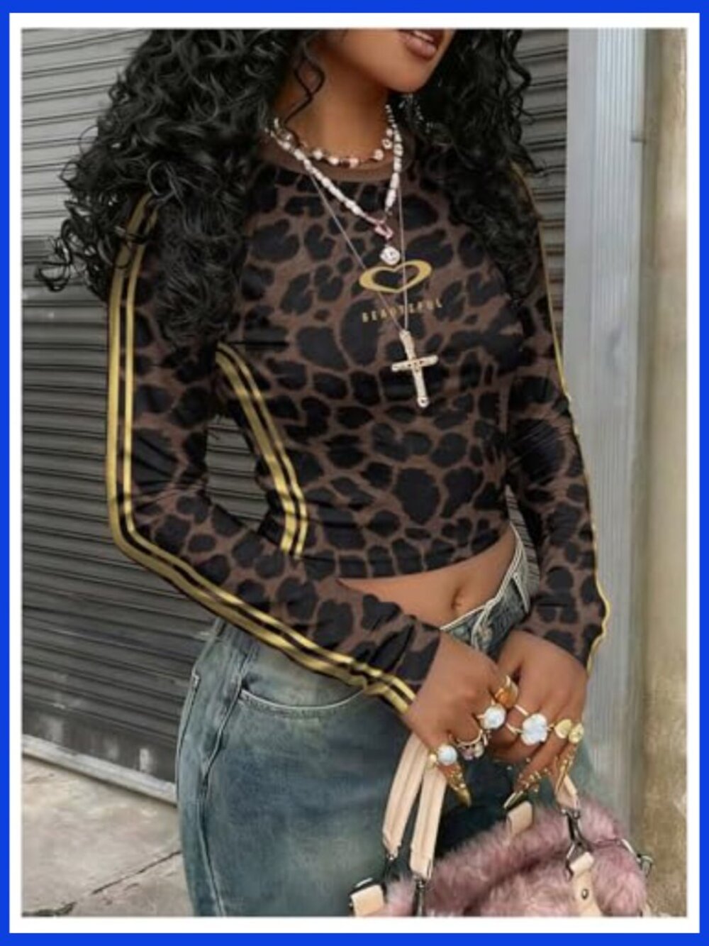 Y2K Leopard Print Long Sleeve Crop Top Crewneck Slim Fit Tee - Picture 2 of 4